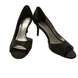 Touch of NINA BLACK SATIN CRYSTAL HEEL EVENING PUMP SIZE 9
